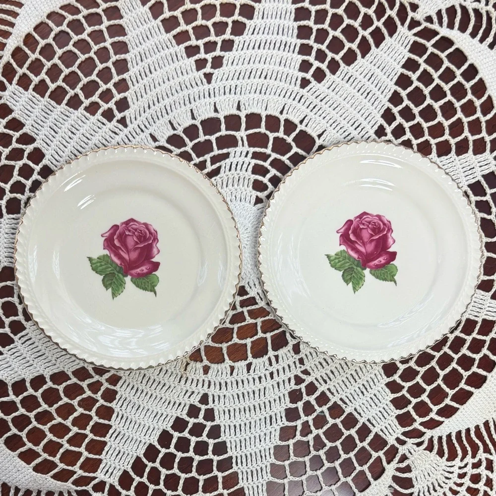 Vintage Floral Plates Harkerware China Rose 2 Pc Plate Set Cottage Pink Ivory